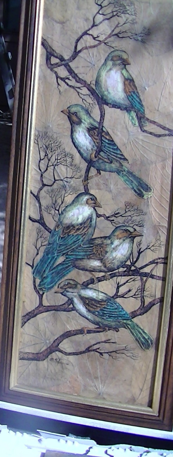 Vintage Art Piece by LERT 10″X 25″ 5 Birds Masonite leaf surface