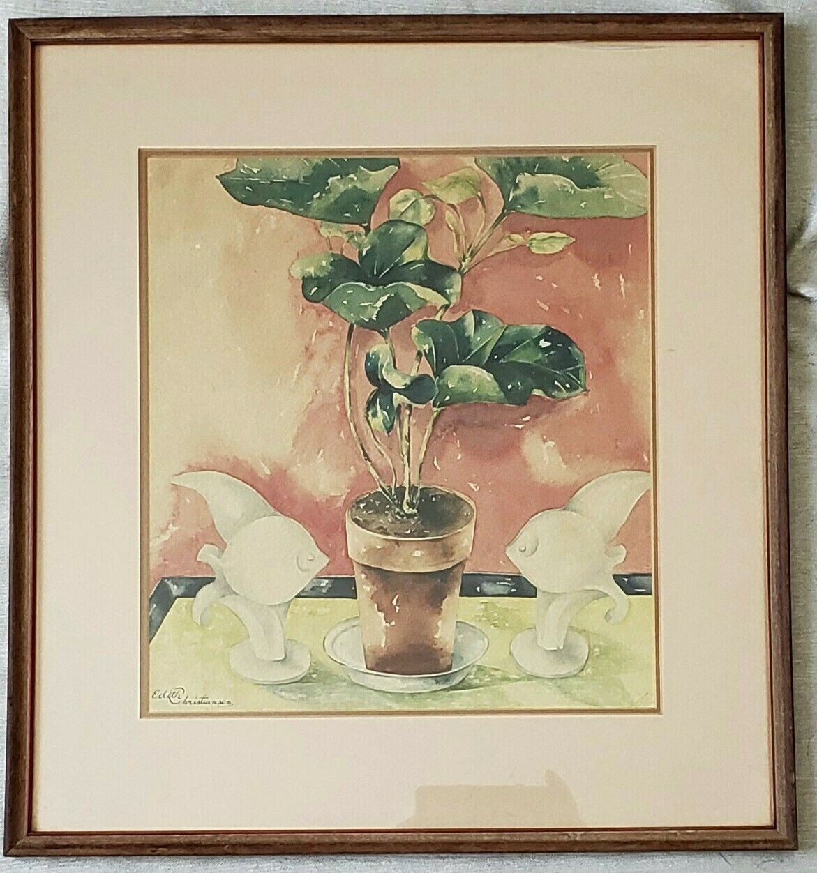 Vintage MCM Watercolor of Houseplant. Framed, Matted & Signed Edith Christensen