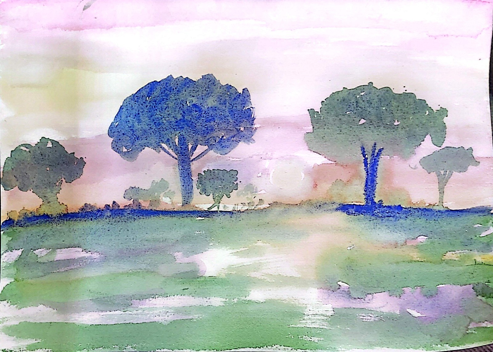 Sunrise In Grove, Original One Of A Kind Whimsical Sunrise In Watercolor 9×12