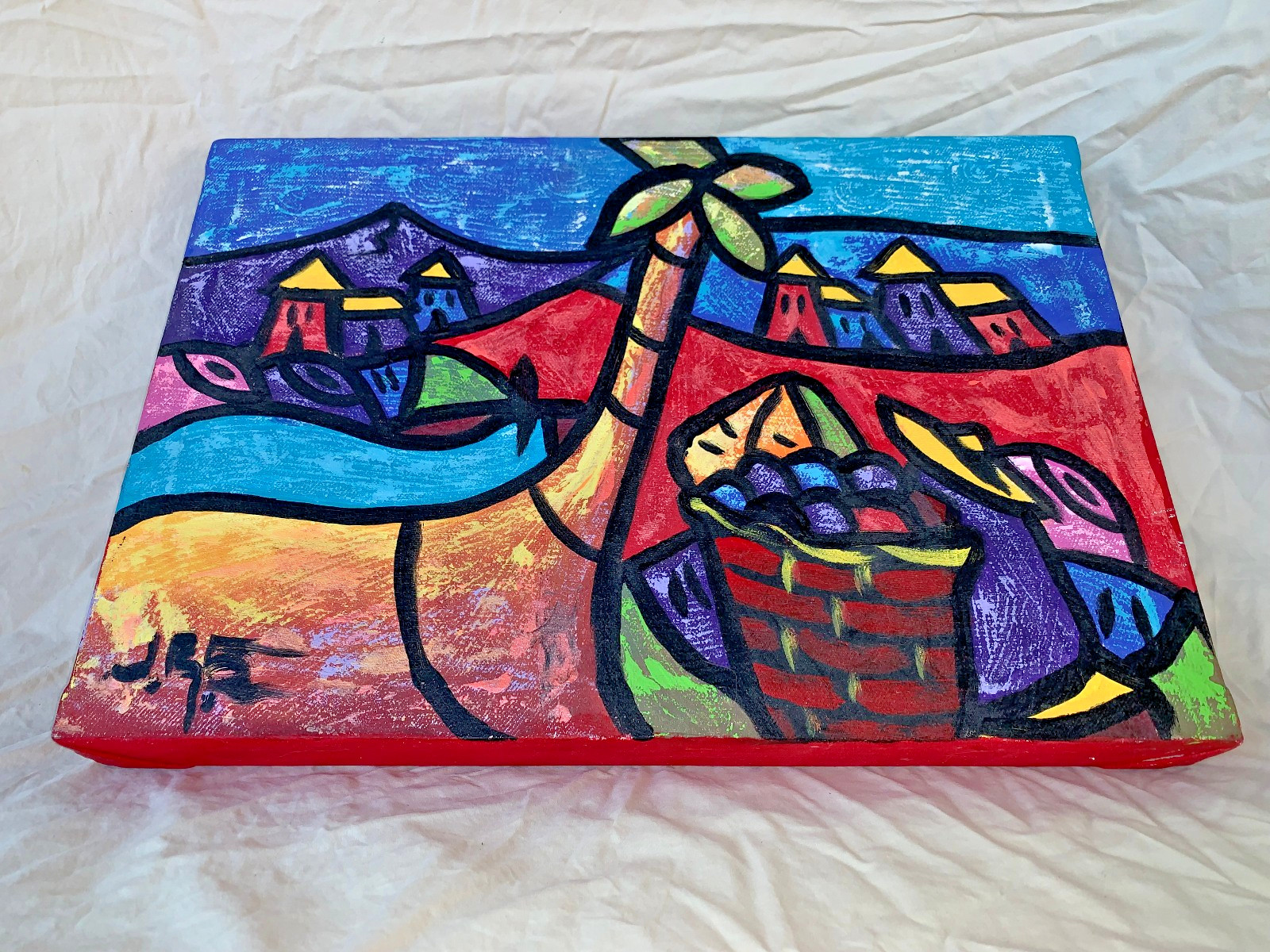 Juan Ramon Serrano Original Oil Painting 17.5″ X 12″ Stylized Tree Hills Houses