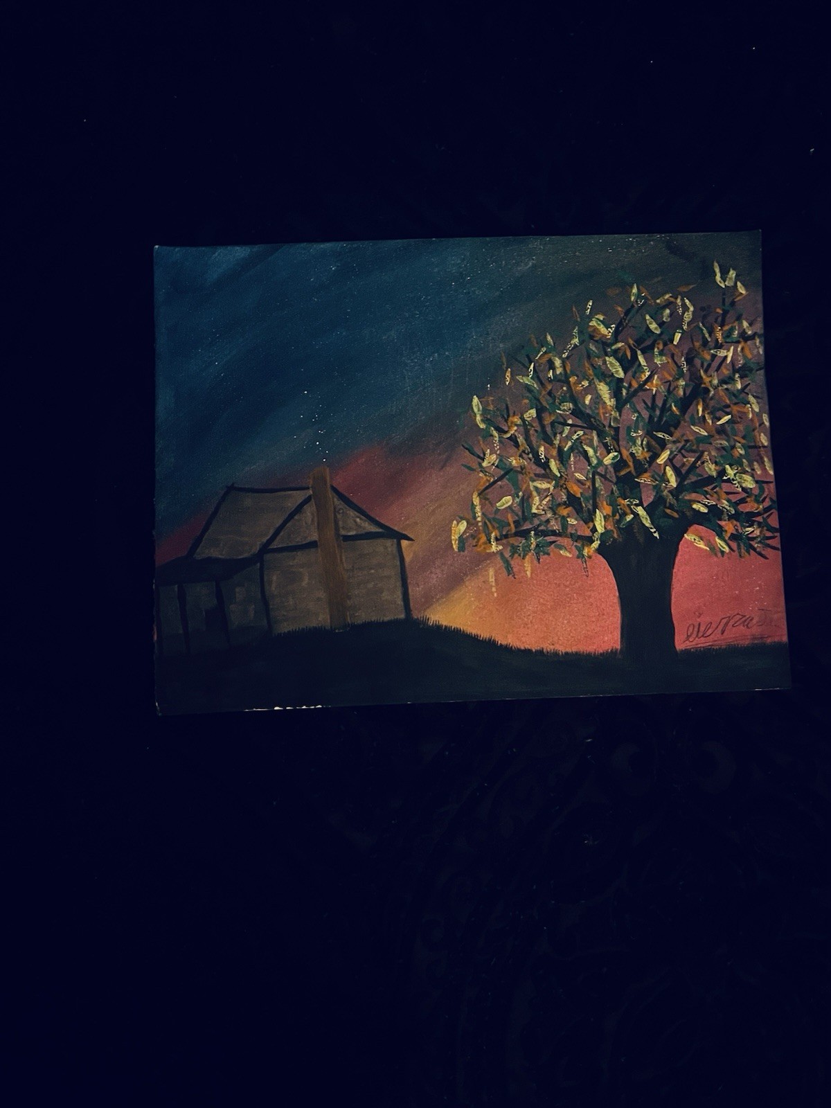 Water/Acrylic Painting, Cabin In The Fall, Sunset.