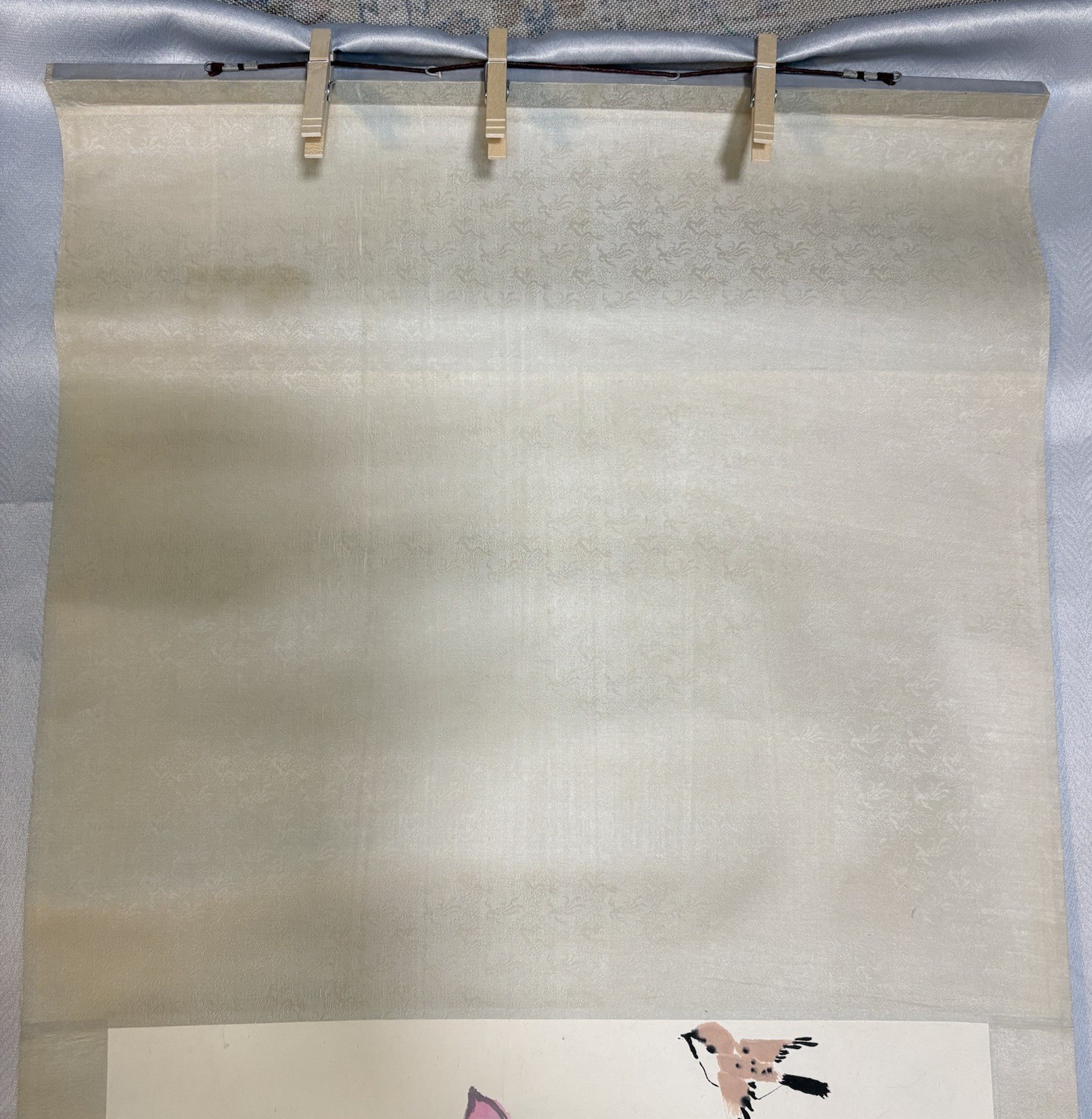 Vintage Chinese Hanging Scroll Lotus Birds Painting Silk Wall Art Signed