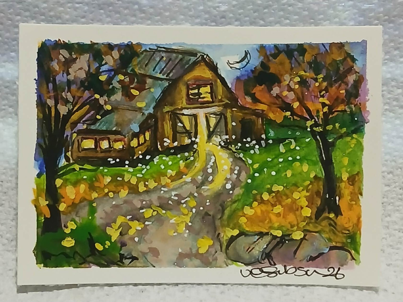 Autumn Barn Trees & Fireflies – OOAK Twilight Watercolor ACEO Mini Art