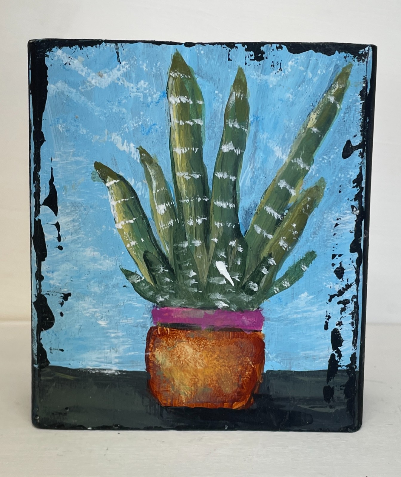 Mary Myers Original Art Block Snake Plant in Pot Reclaimed Wood