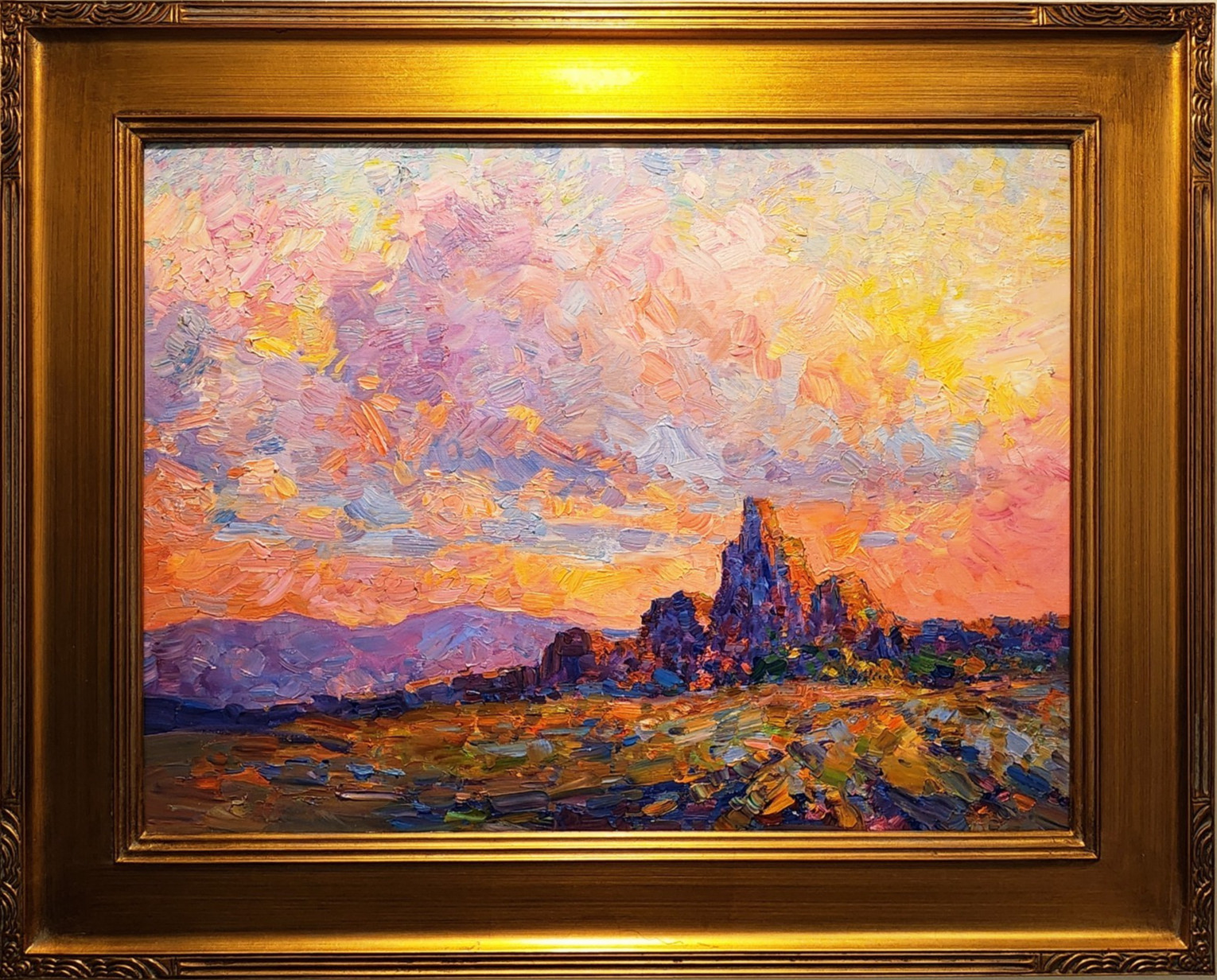 American Southwest Landscape Sunset Original Oil Painting on Canvas Gold Frame