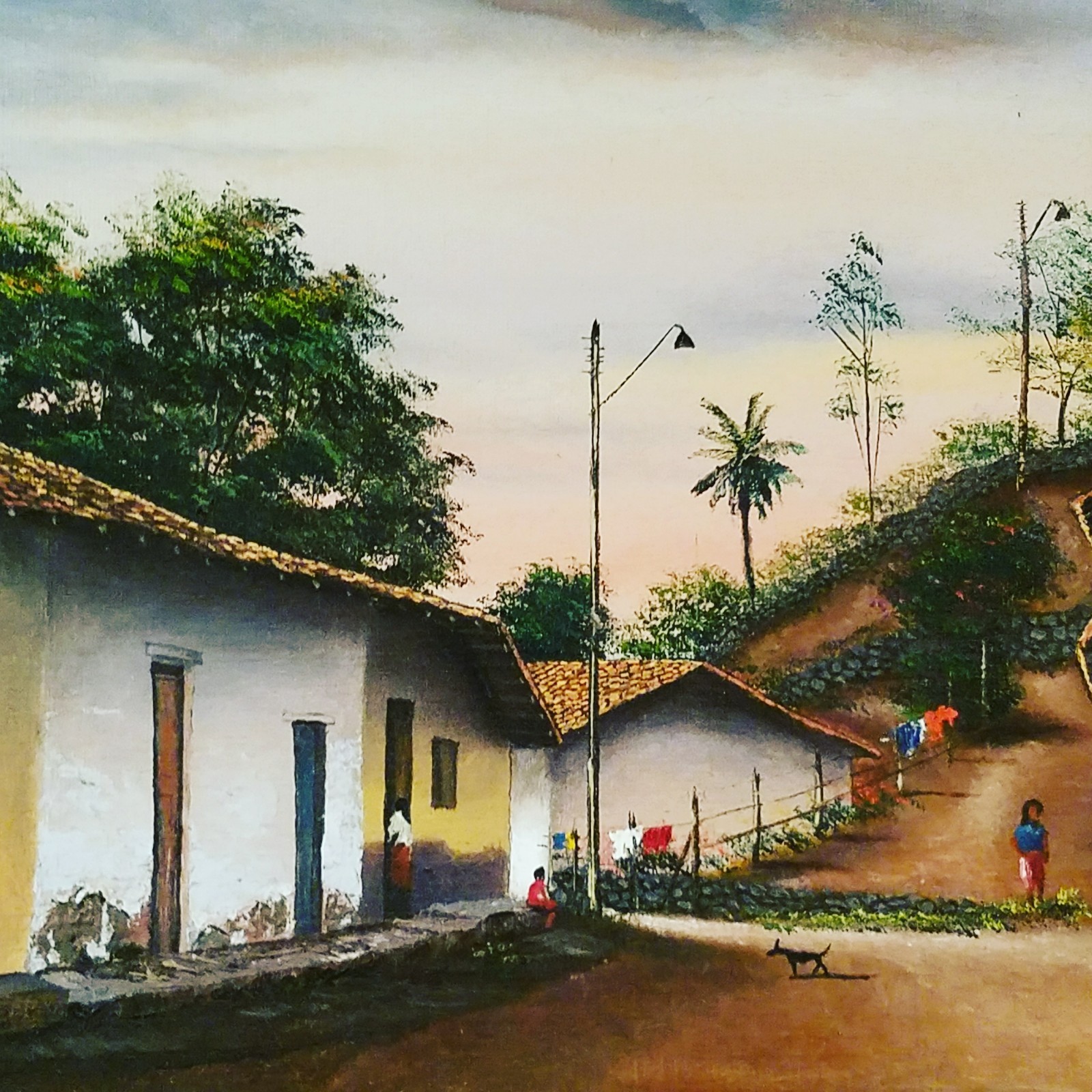 1988 Cabrera Signed ~18×22 Community Life Latin Multicolor Framed Oil Painting