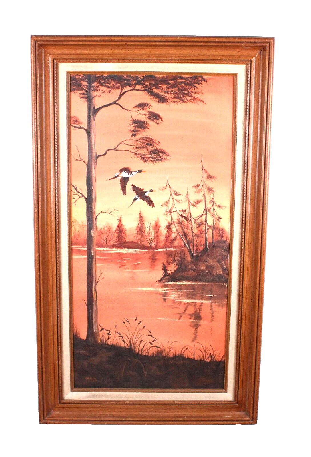 Sunset Bayou Painting Ducks Flying Pond Oil Painting On Canvas Signed Hower?