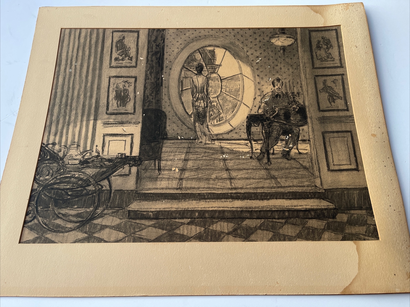 ANTIQUE DRAWING ILLUSTRATION SET DESIGN INTERIOR PORTRAIT SOCIAL STERLING