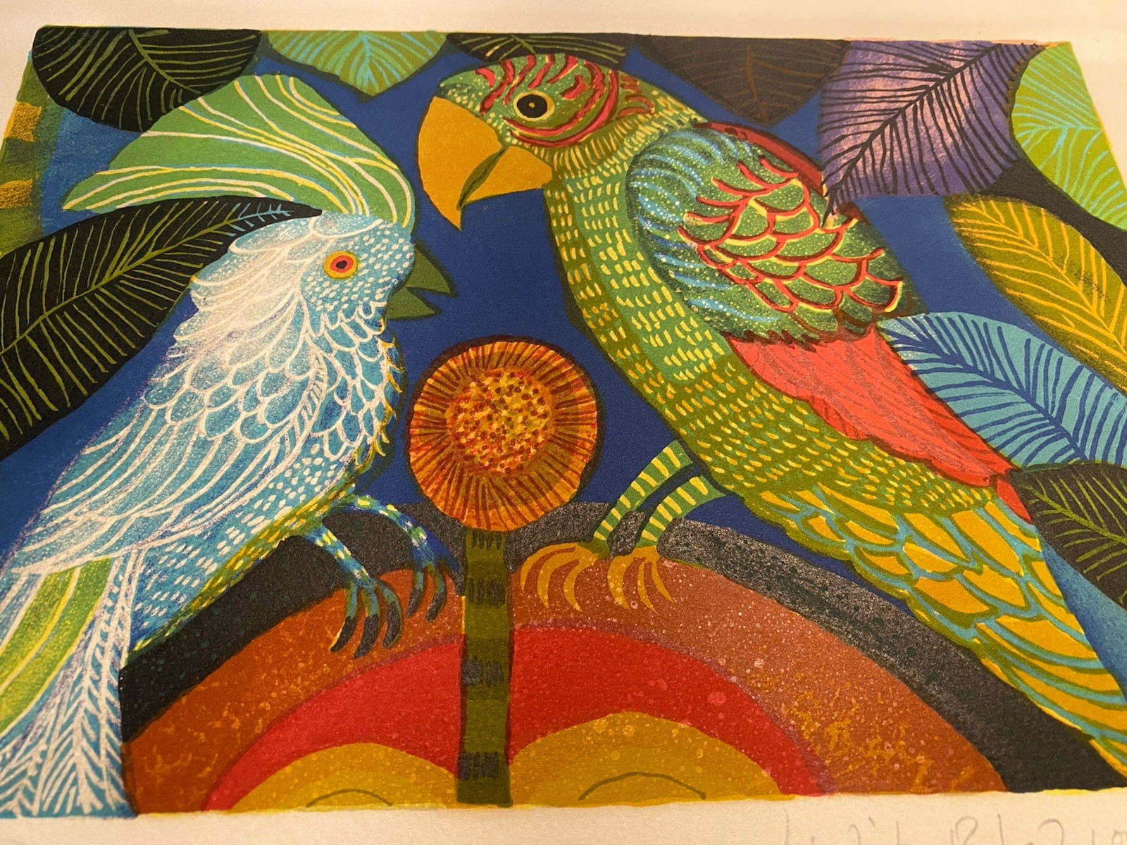 Vintage artist JUDITH BLEDSOE lithograph PRINT “Parrot & Cockatiel Signed