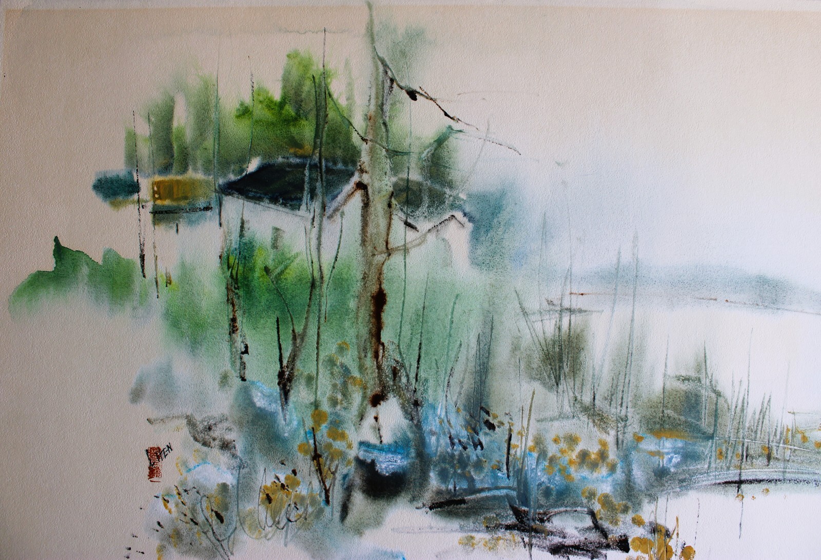 VINTAGE WATERCOLOR ON CARDBOARD SIGNED AND SEAL STAMP CHINESE ARTIST FARM HOUSE