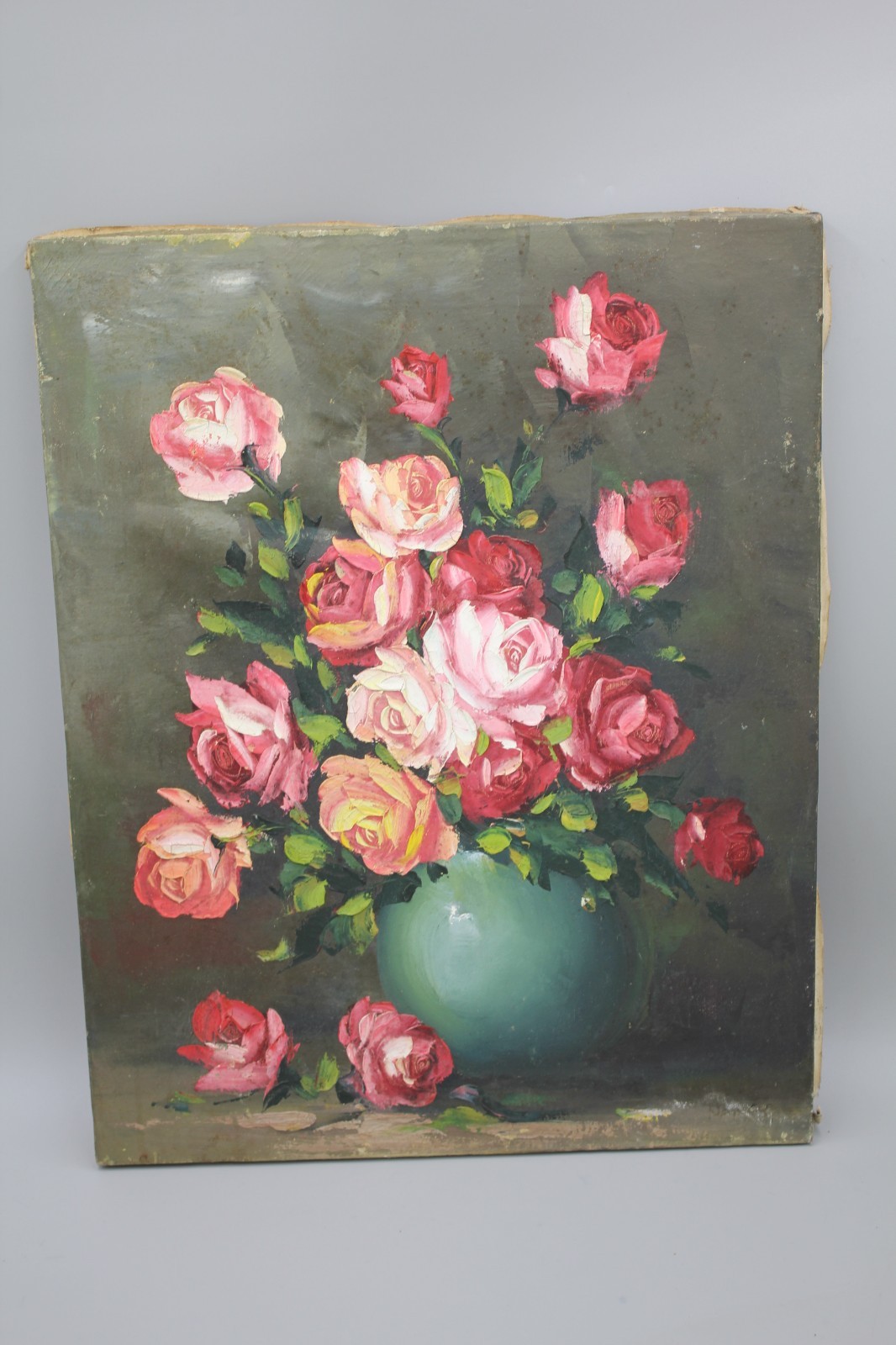Vintage Original Oil Painting on Canvas Pink Roses in a Blue Vase 16×20” Vintage