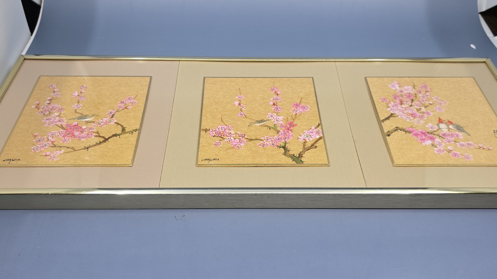Vtg 3 Original Panel Cherry Blossoms & Birds Watercolor Paintings Framed