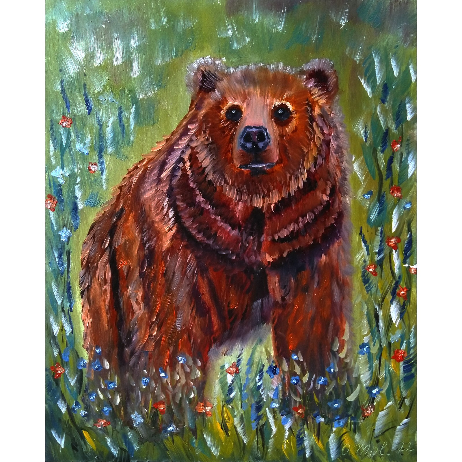 Original modern painting Bear Grizzly Animal Natur Oil on Panel hand painted art