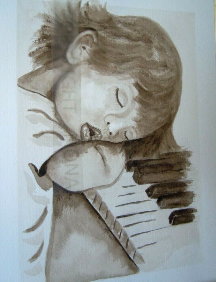 CHILD PLAYING PIANO MUSIC- Sepia ~ Watercolor ~NOT A PRINT~ 9″ X 12″