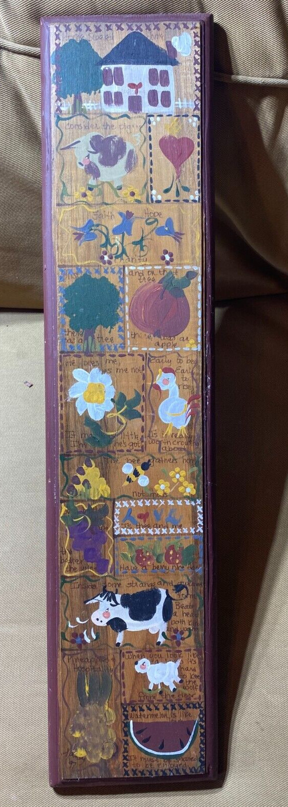 1997 Folk Art Wood Painted Plaque «Fruits, Animals And Flowers» – Signed