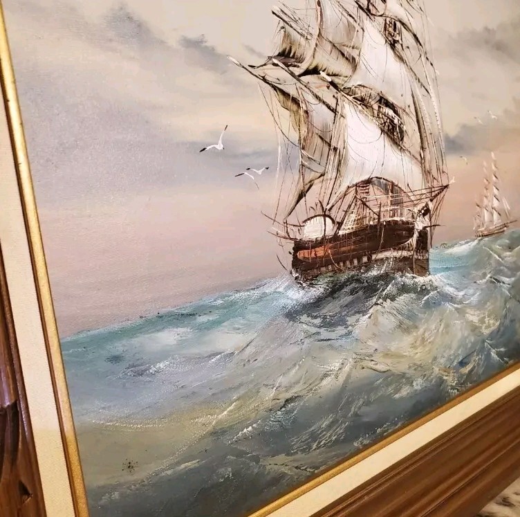 Vintage Signed Baille Seascape Oil Painting Tall Ship Nautical Framed