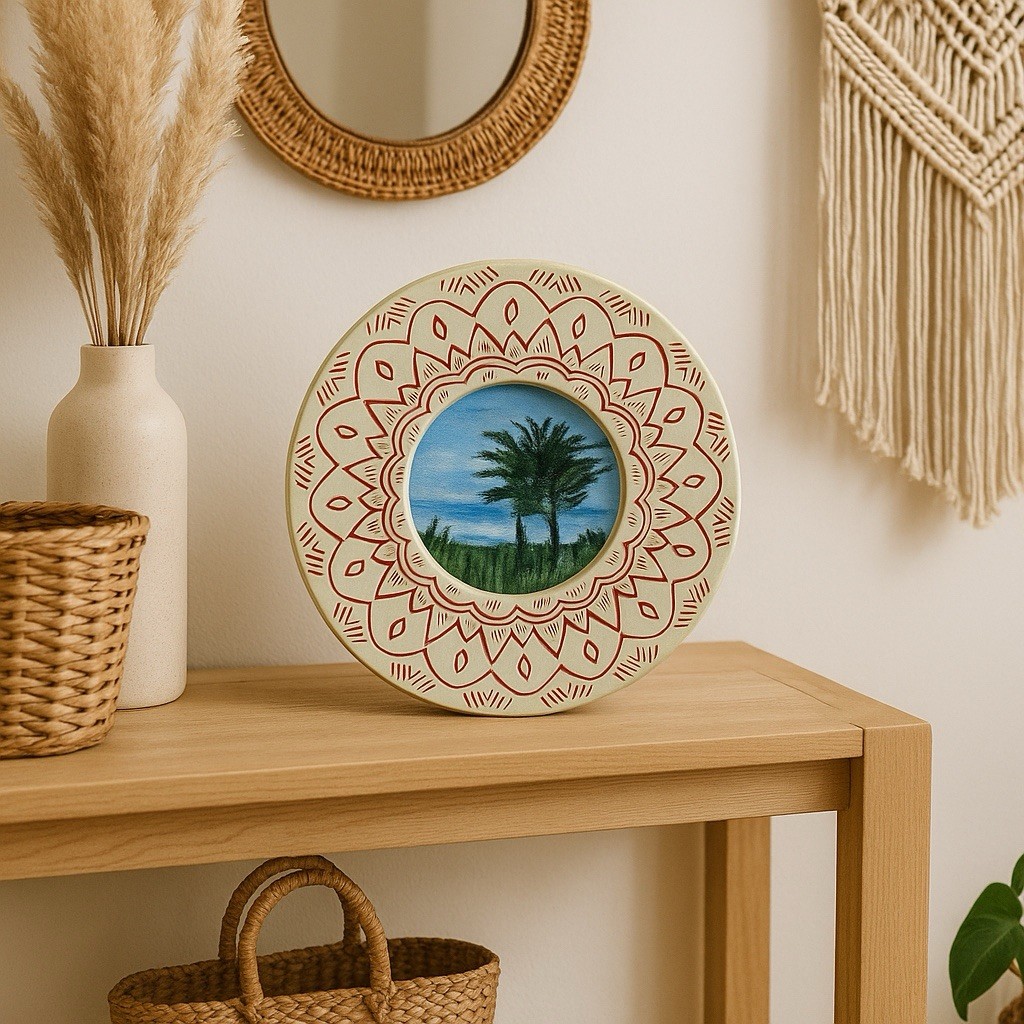 California Cypress Tree Painting Framed Round Coastal Landscape Wall Art