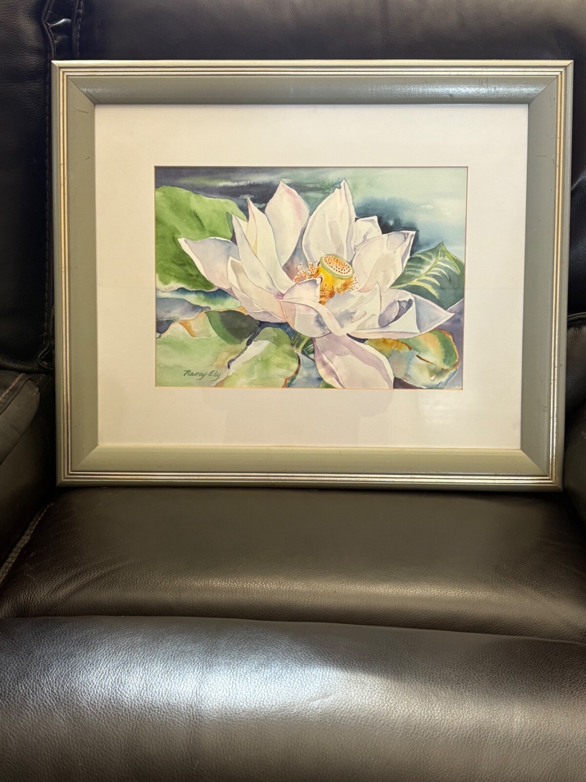ORIGINAL NANCY ELY WATER LILLY SIGNED WATERCOLOR FRAMED AND MATTED 23” X 19”