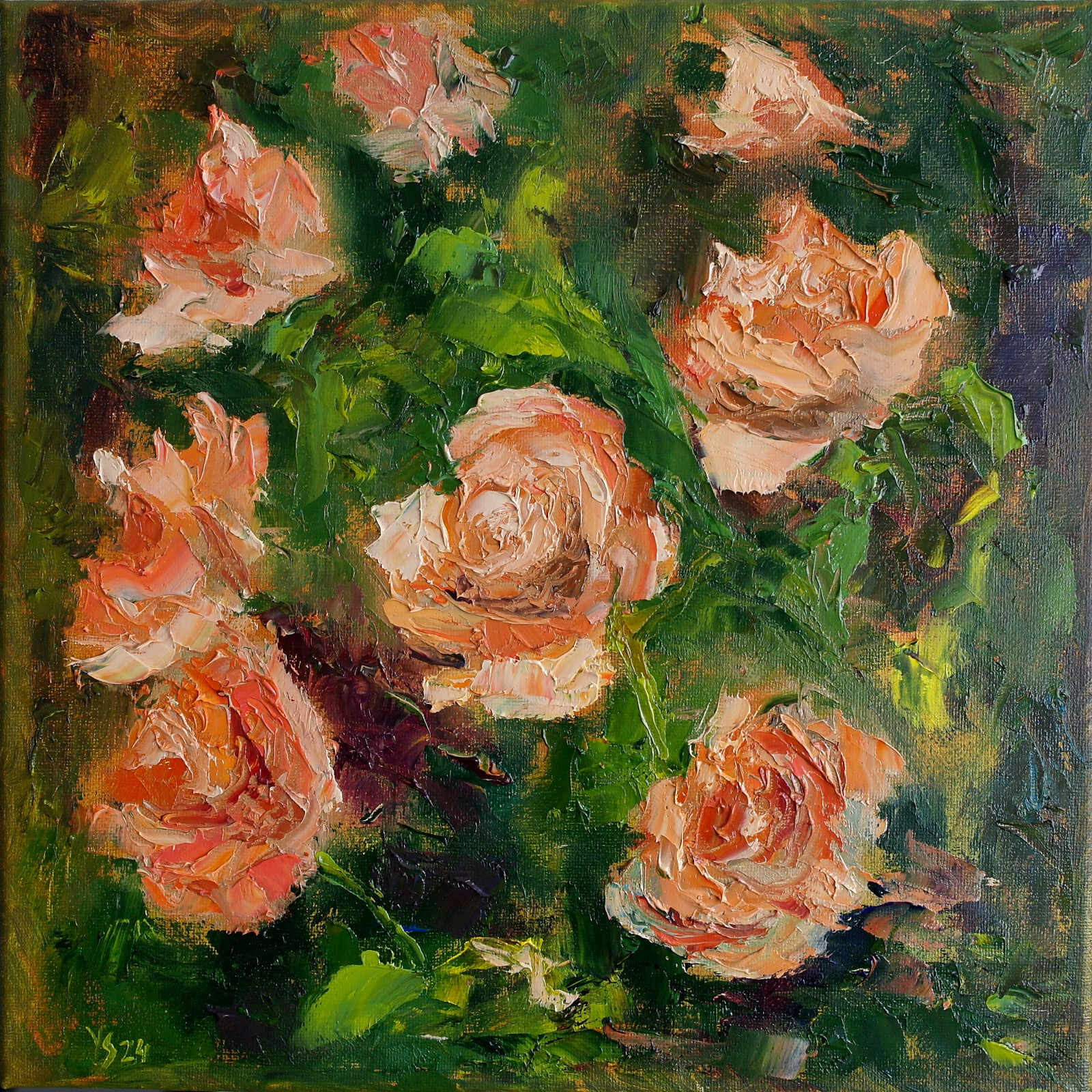 Cream Wild Roses Flowers Original Oil Painting Canvas 12×12 Hand Painted YSArt