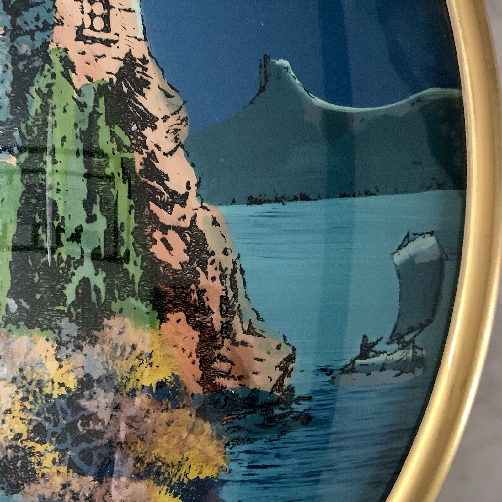 Antique Brass 1917 Baroque Castle In Belgium Reverse Painting On Convex Glass