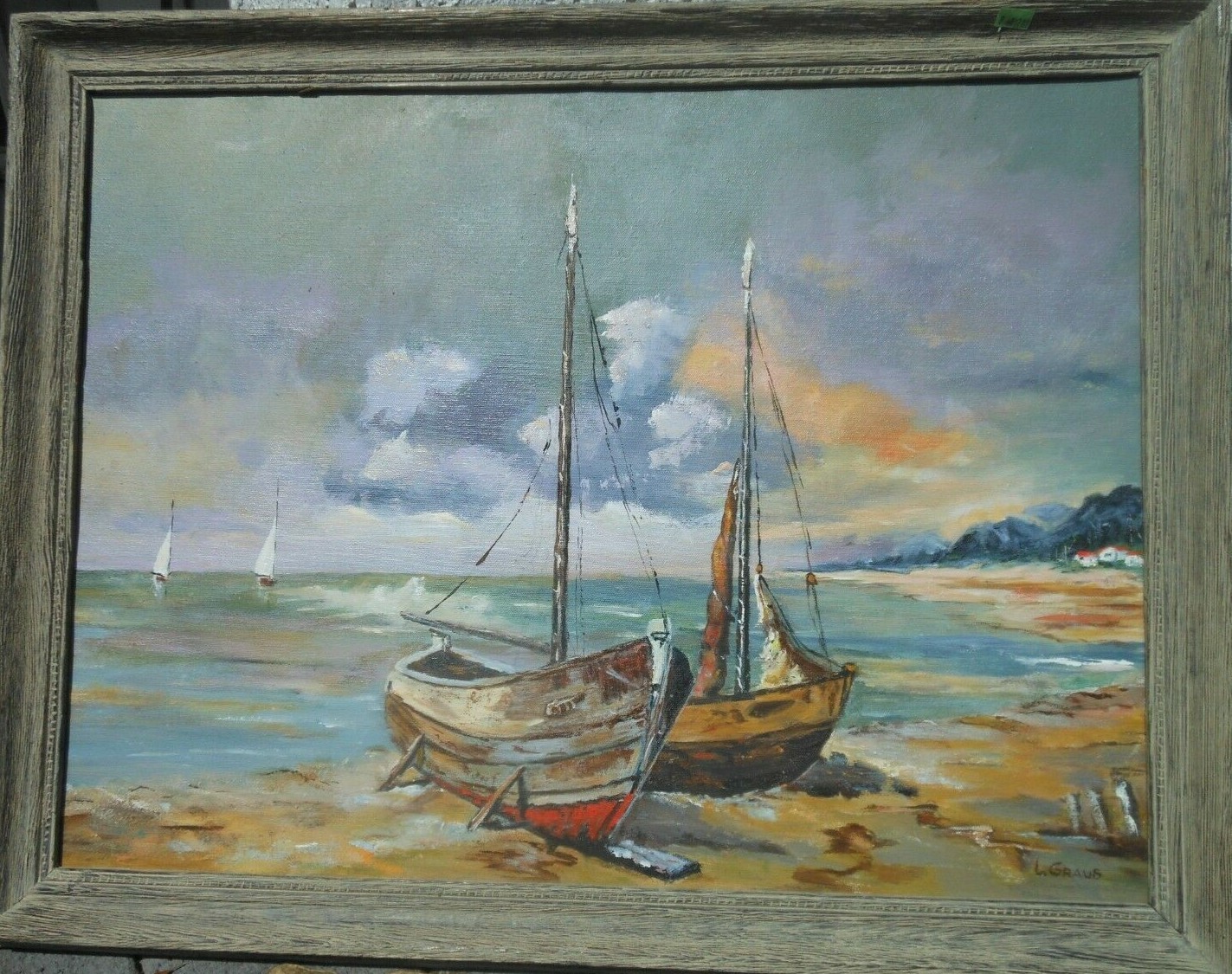 Vintage Impressionist Seascape Oil Painting L Graus 18″ x 24″ Boats