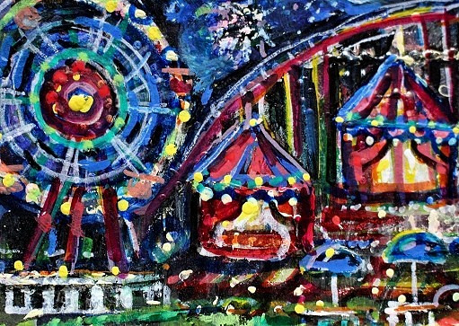 ORIGINAL ACEO Painting CARNIVAL Fair Amusement Park Ocean City Rides Fun ATC ART
