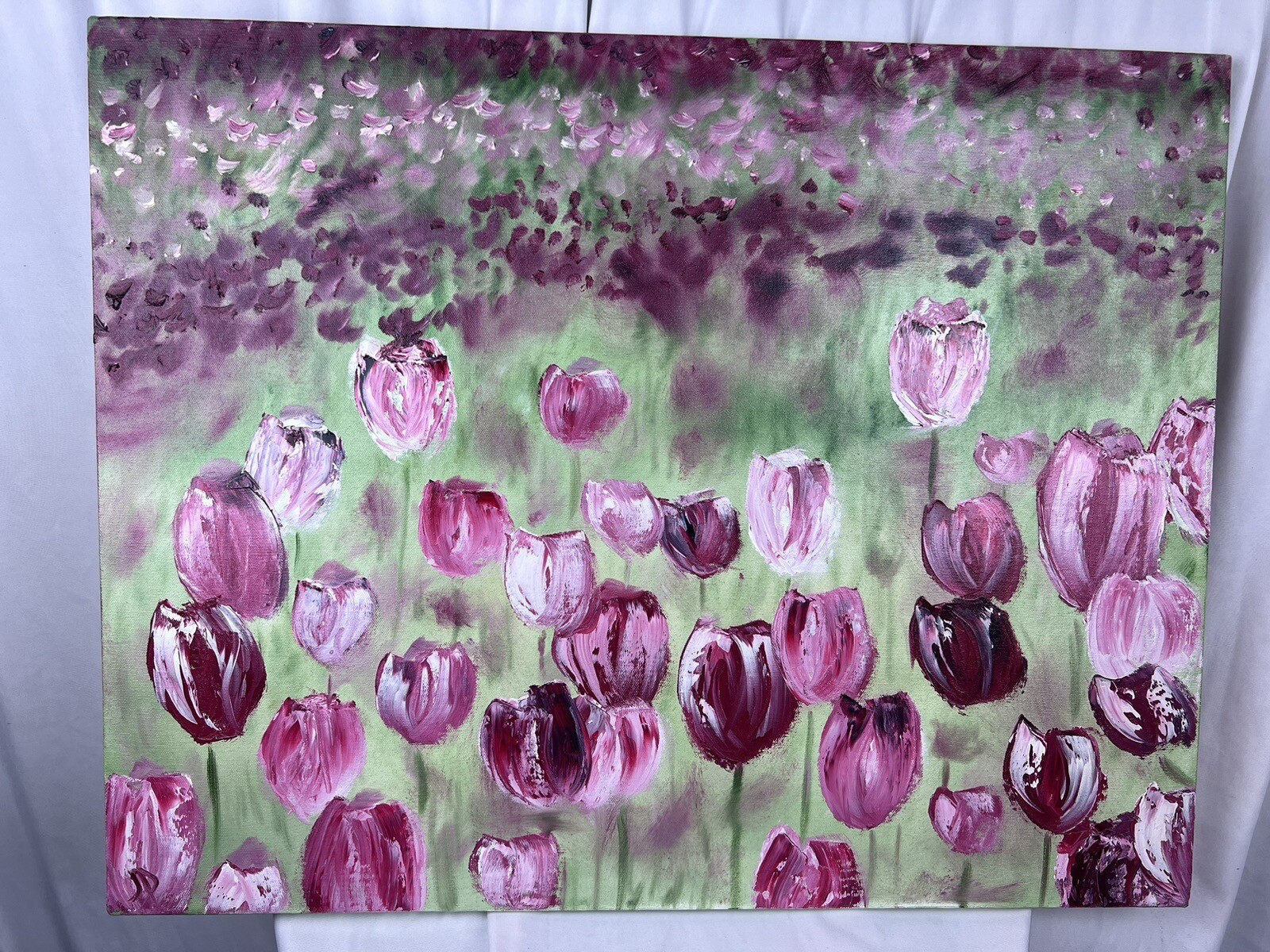 Original Oil Painting Tulip Field Floral Artist Signed Canvas 22×28