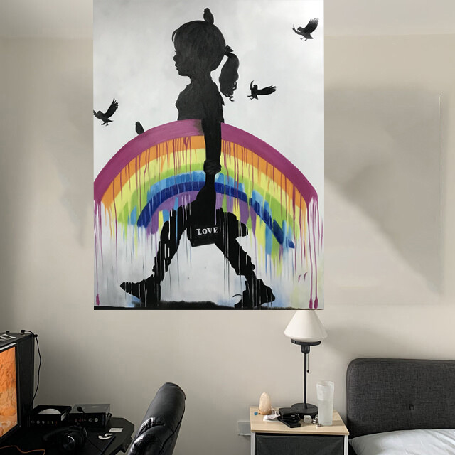 Art Painting raining love girl street birds graffiti artwork rainbow Huge