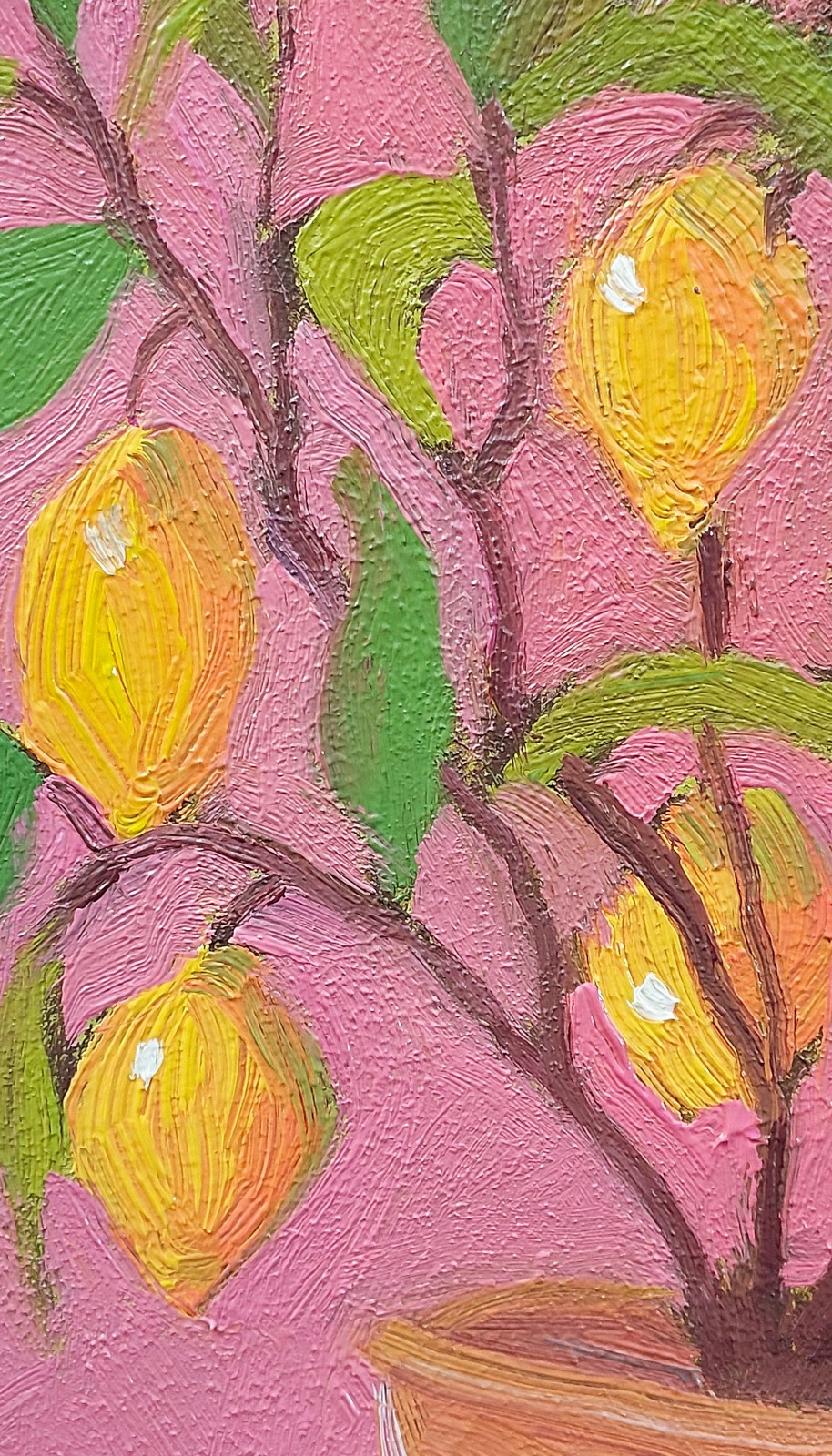 Fruit Still life Lemon Tree and Robin Bird Original Oil Painting on Paper Framed