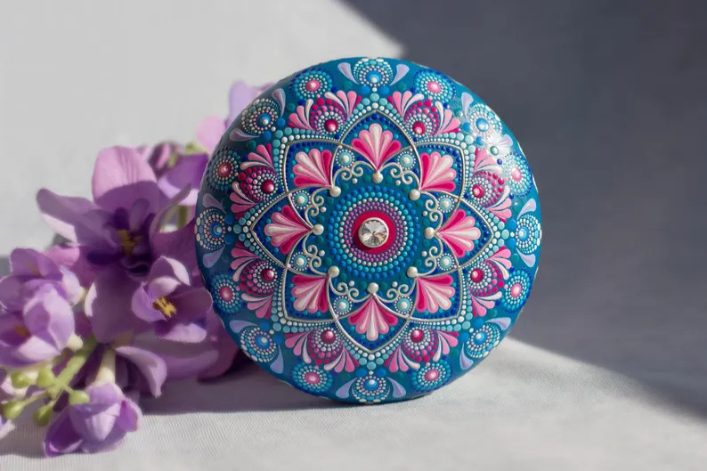 Hand Painted Mandala Stone, Rock Art Mandala Painting, Paper Weight, Dot Art
