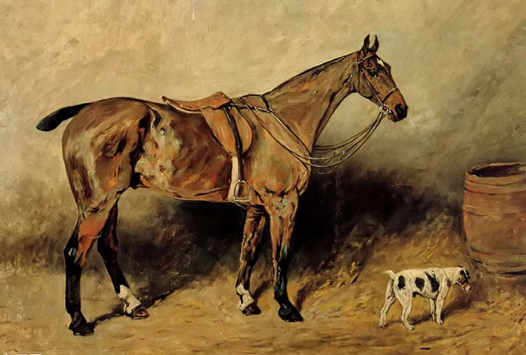 Oil painting john emms – rays beautiful animals horse with dog canvas