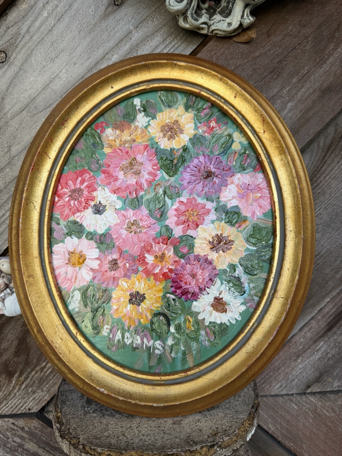 VTG Framed Floral PAINTING Impressionistic Zinnia Daisy FLOWER Gold Oval Frame