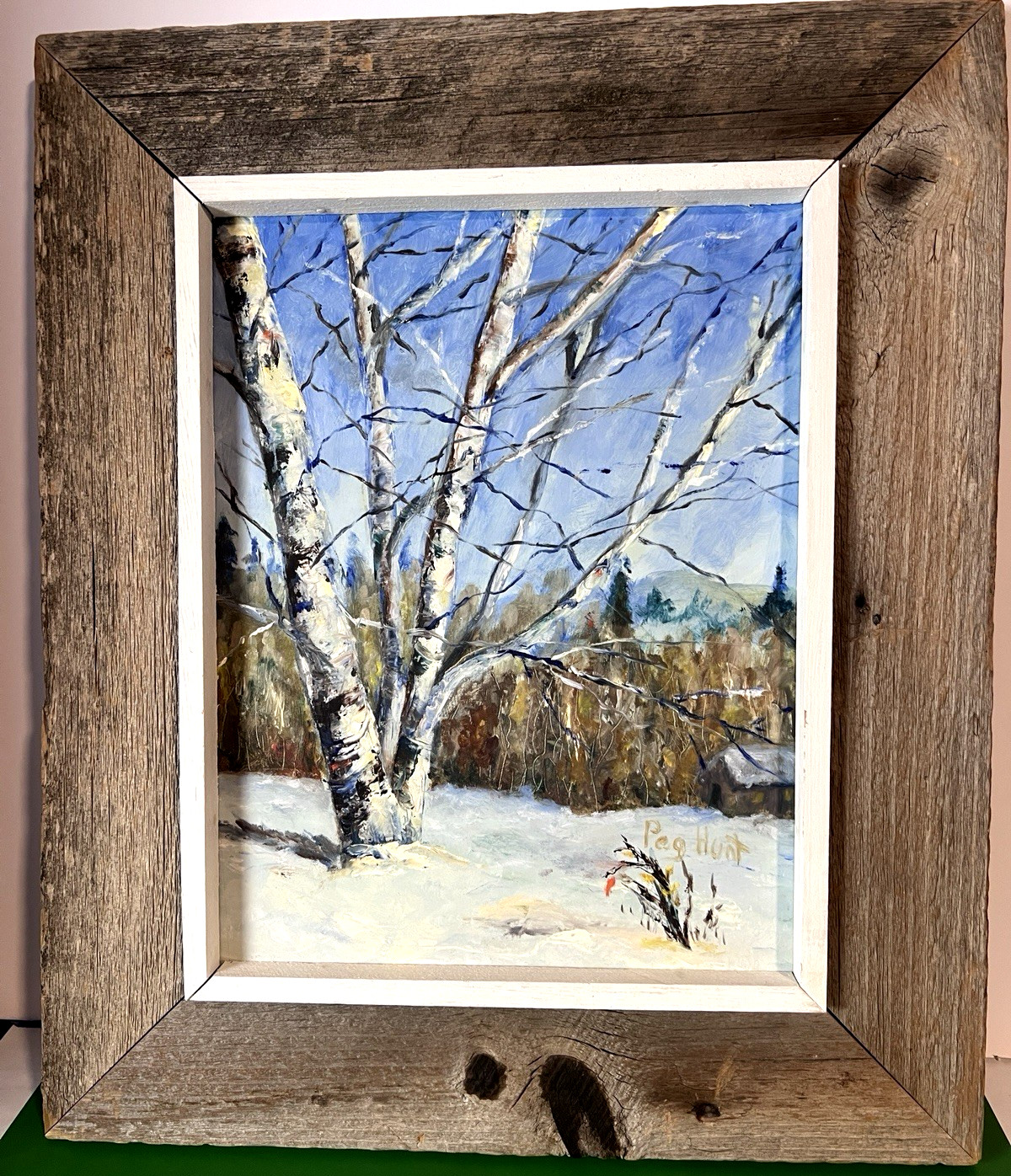Peg Hunt Oil Painting Birch Trees Landscape Original Signed Reclaimed Wood Frame