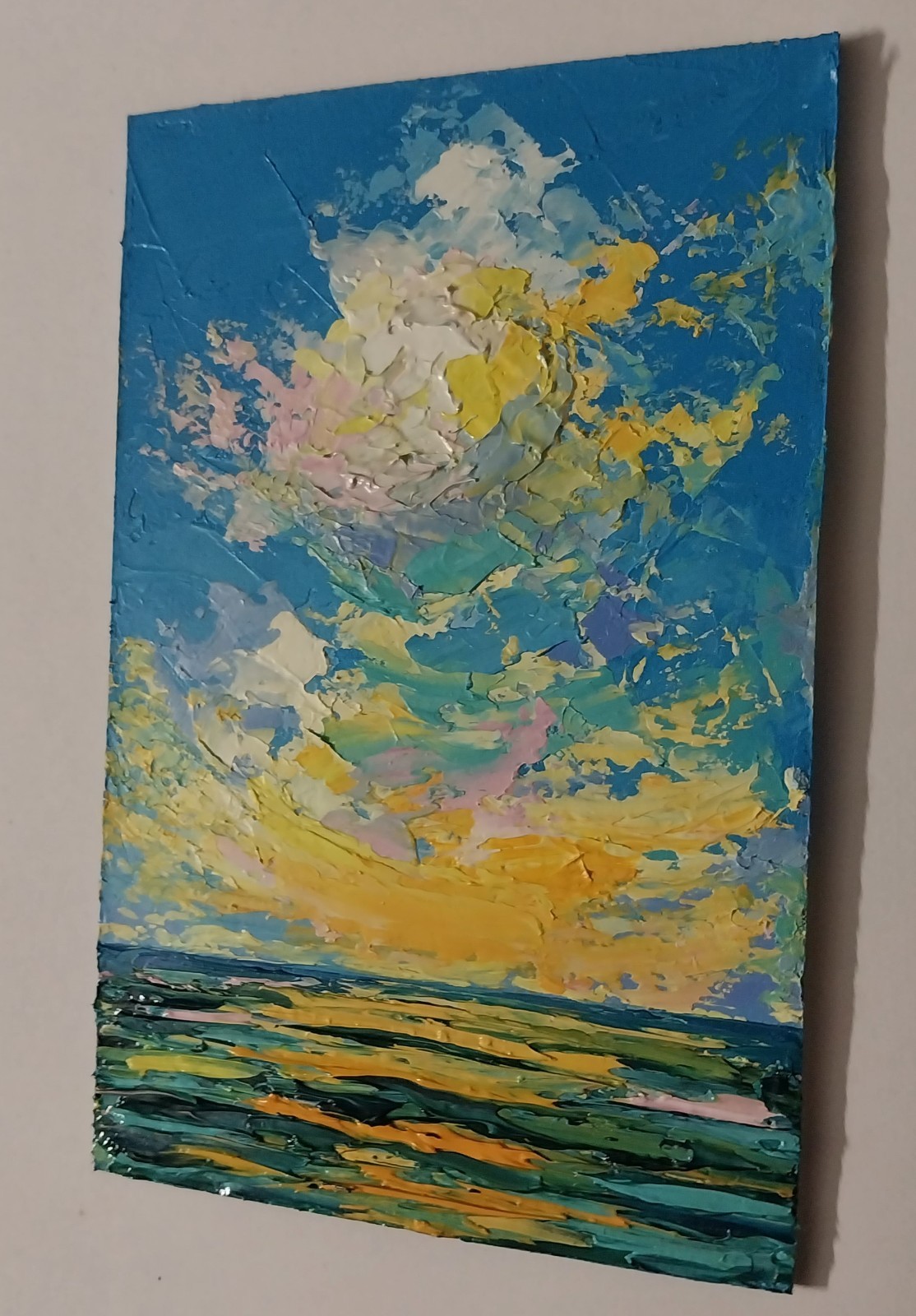 Framed Mini Seascape Golden Sunset Clouds Evening Sea 4×6” Original Oil Painting