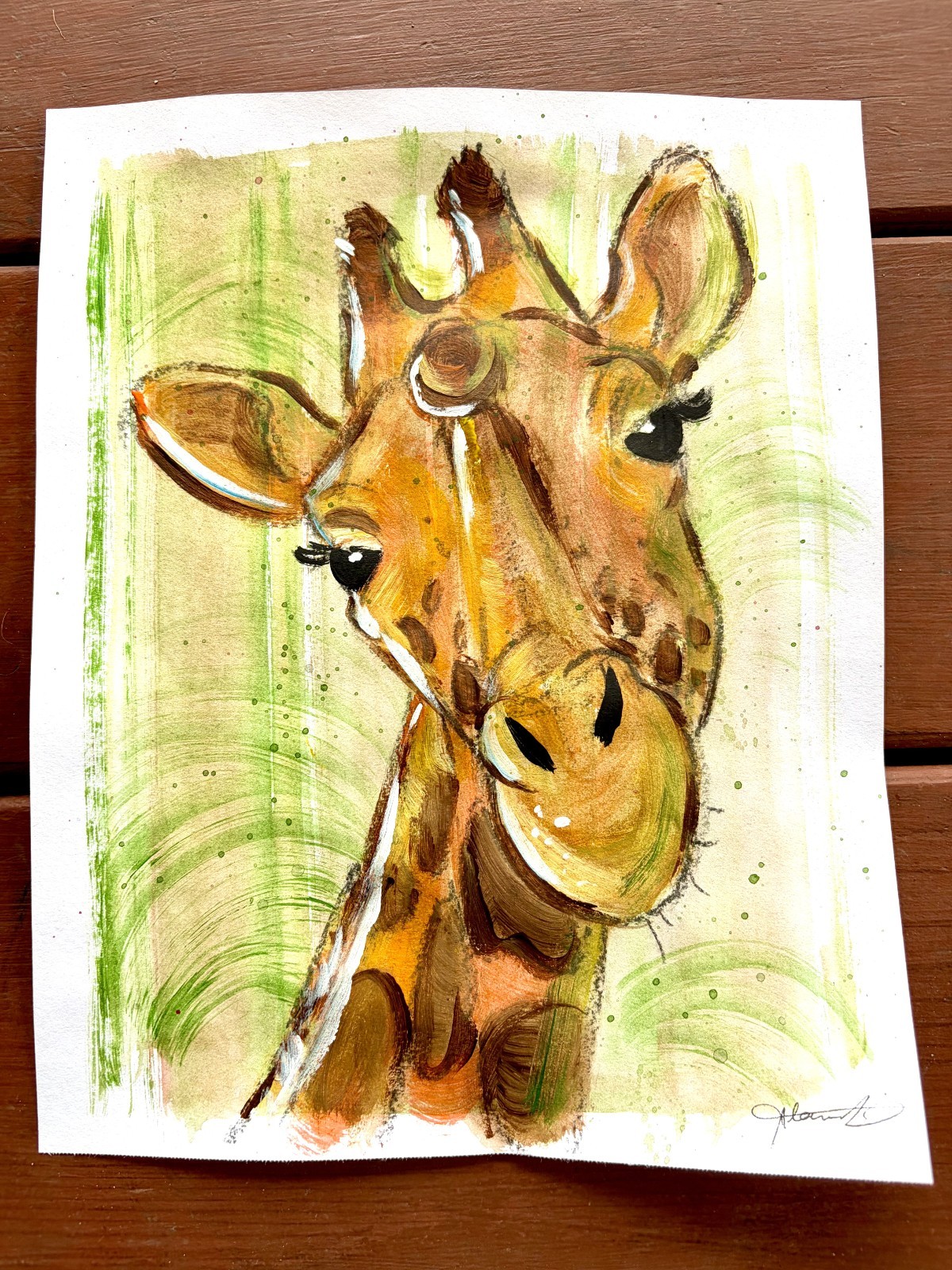 Original Giraffe Green Painting By Alannah Dyer- Acrylic 8.5×11 in. African