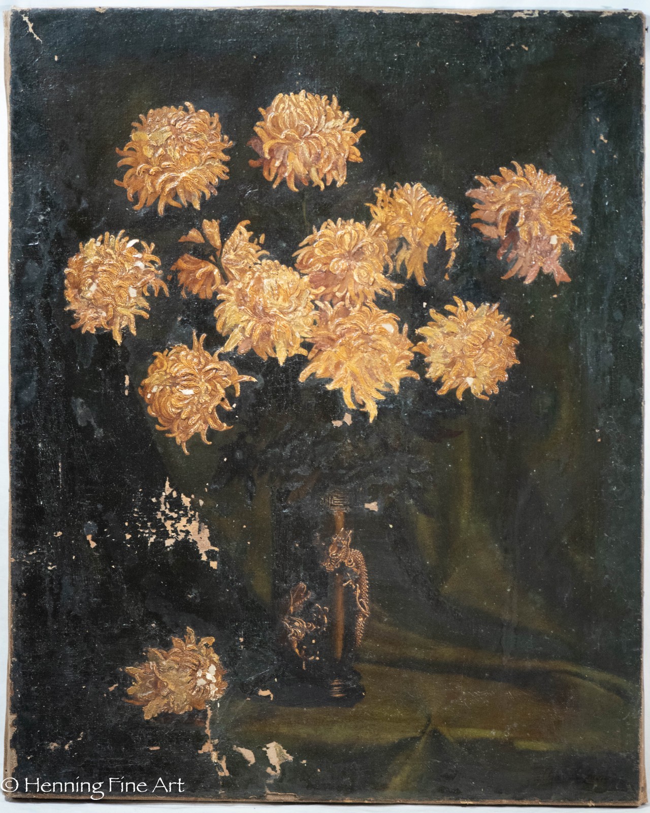 Robert Lindneux Oil Painting Chrysanthemums in Japanese Dragon Vase 30×24″