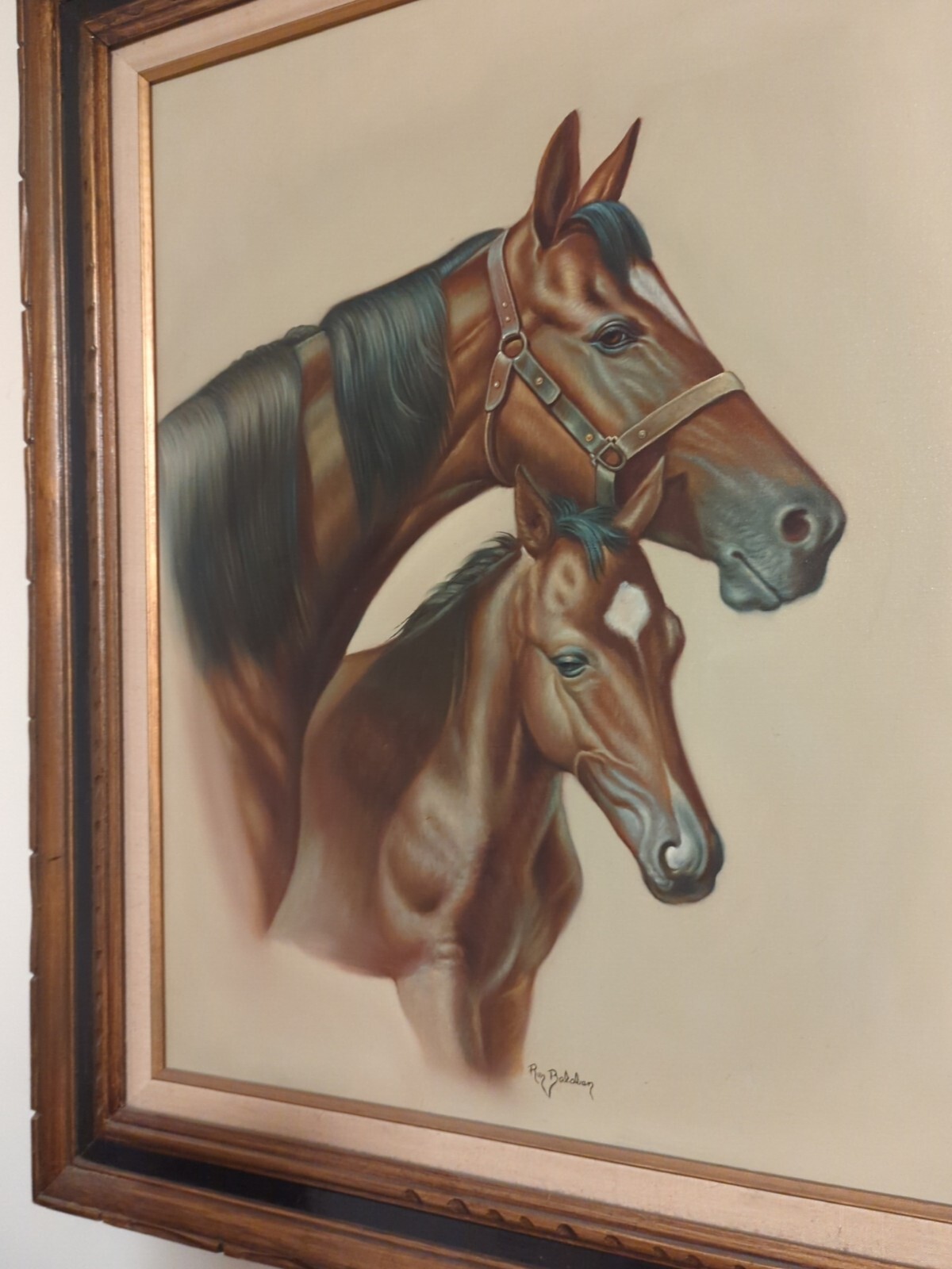 Rare Signed RON BALABAN Double Horse ORIGINAL OIL On CANVAS 32 X 38″ WOOD FRAMED