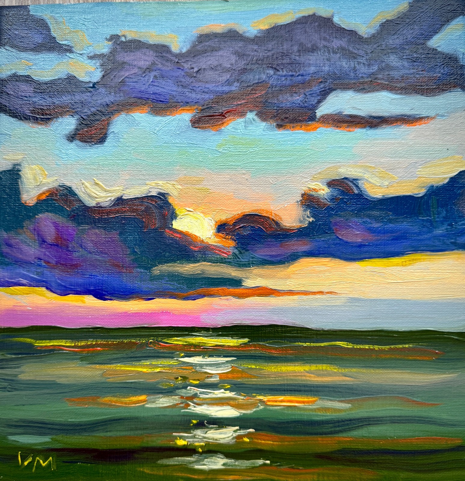 Original Oil Painting Sunset Seascape Nautical Clouds Modern Wall Art Signed