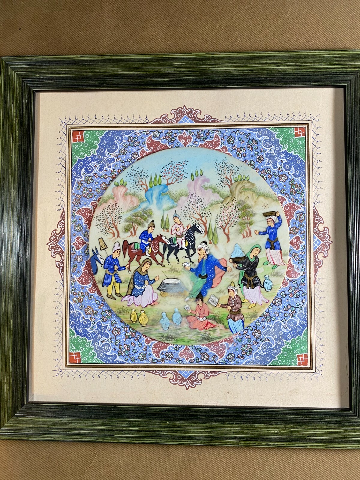 «Persian Figures Scene» Gouache On Bone & Paper Painting With Decorated Matte