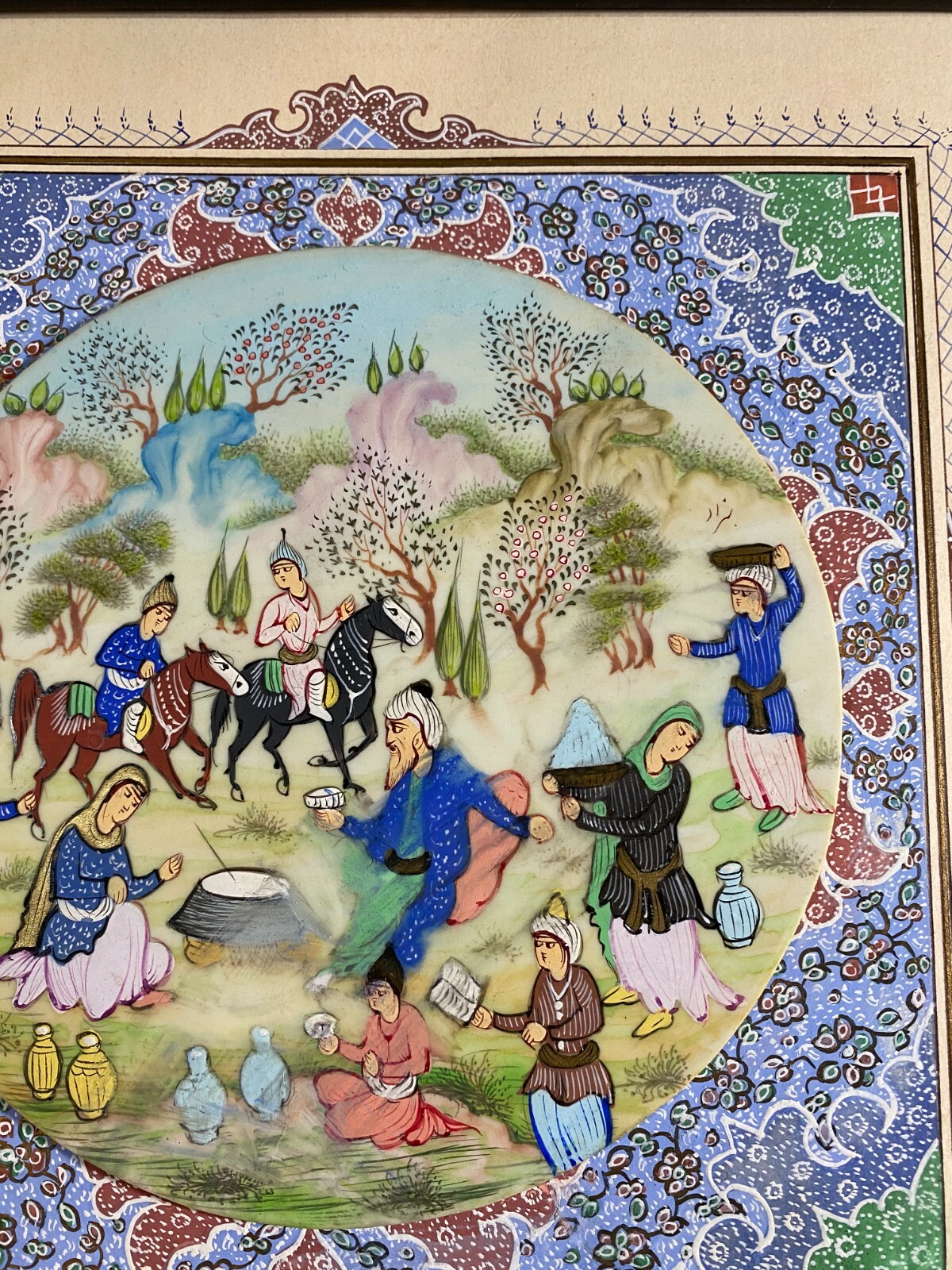 «Persian Figures Scene» Gouache On Bone & Paper Painting With Decorated Matte