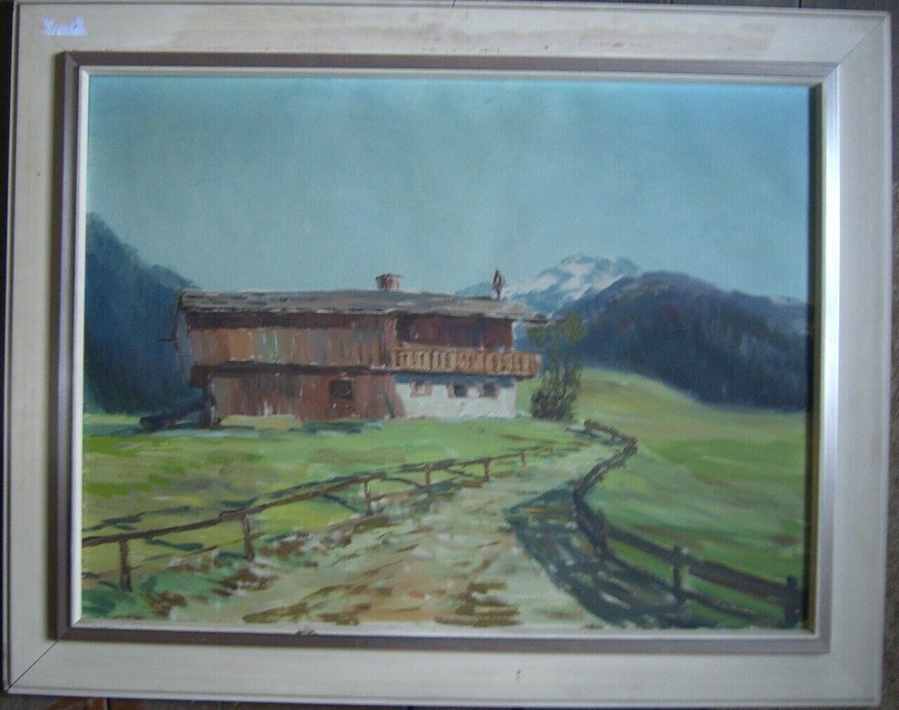Oil Painting Circa 1940 Alps Berghof °Alm Spring Panorama Frame Antique Unsigned