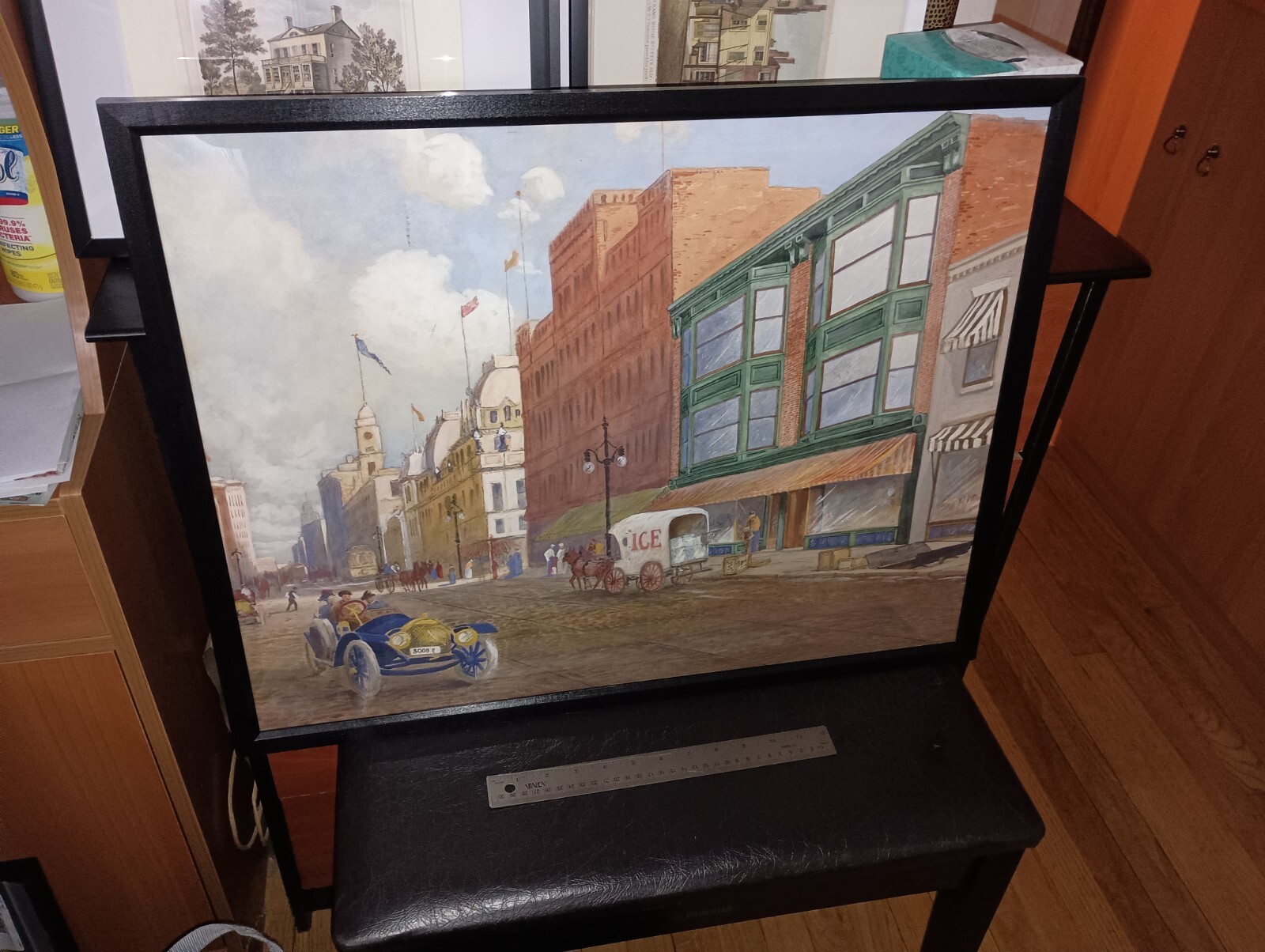 SETH JONES Original Framed Cityscape Signed 1910 New York Horse & Auto Painting
