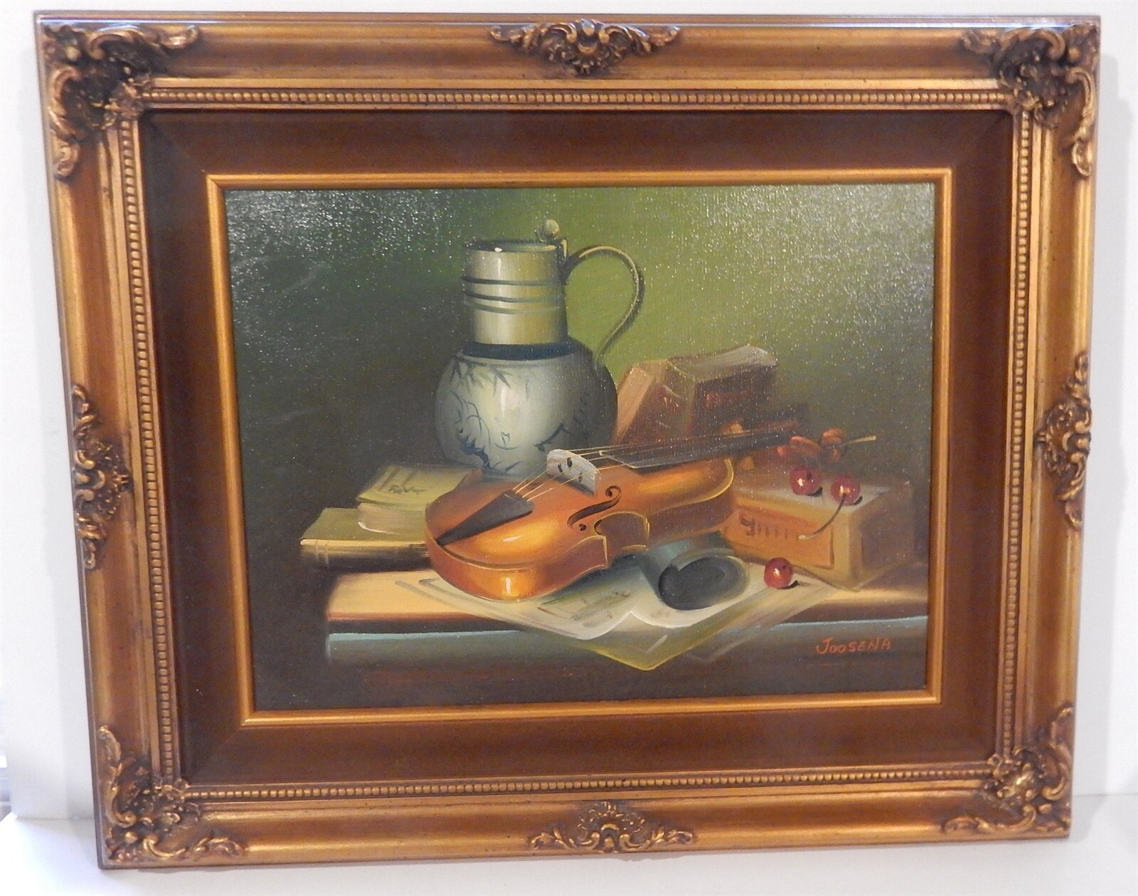 Vintage 18×22 Gilt Framed Still Life Oil Paint Joosana Violin Ewer Grapes Books