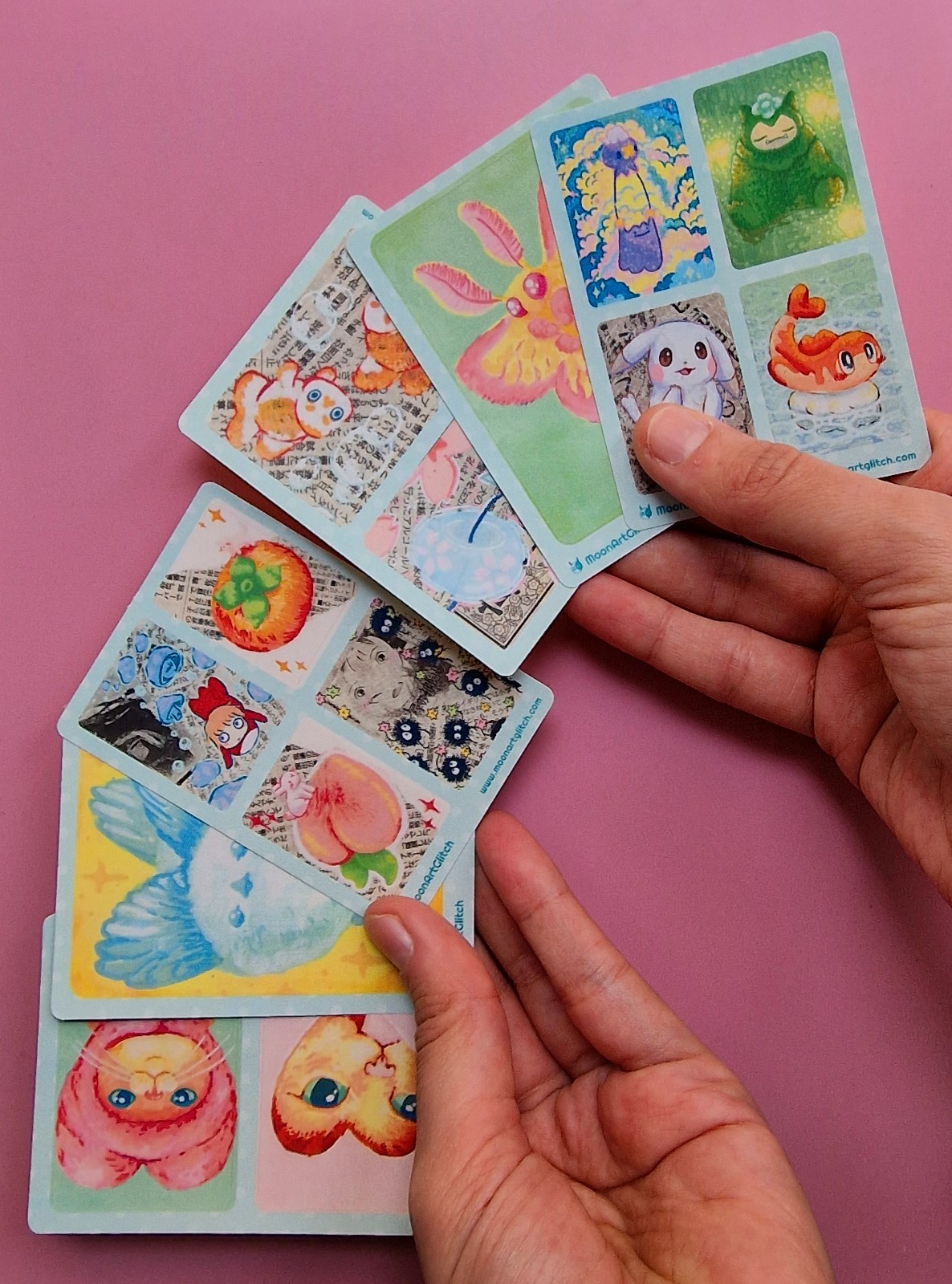 Aceo PRINT STICKER by MoonArtGlitch ~ Pack 4A ~ Moth Bird Cat Fish Animal Cards