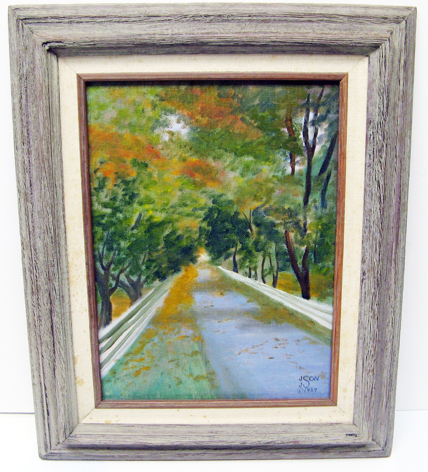 16 1/2″x13 1/2″ «Park back road» Oil on a cardboard painting , signed