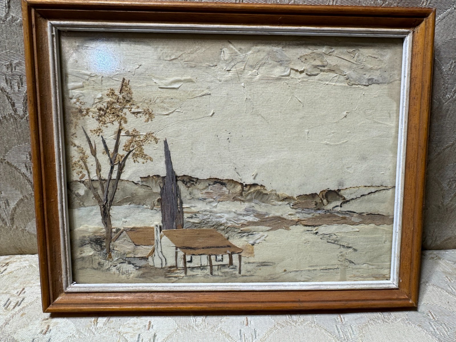 Vintage Australian Bark Artwork «Home And Landscape Scene» – Framed