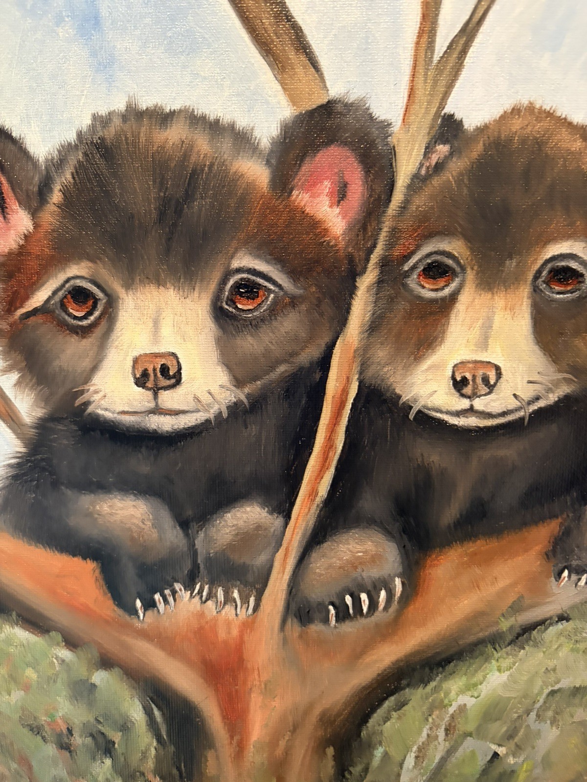 Original oil painting 11 x 14 inch cute brown bear cubs – free shipping
