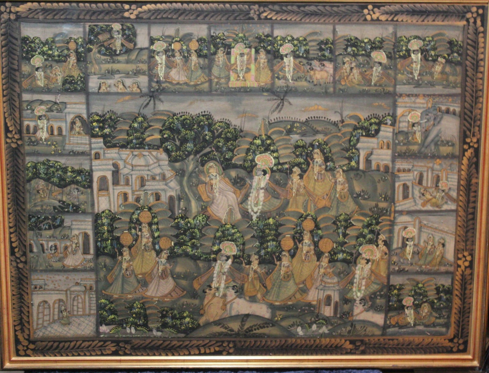 Huge ANTIQUE PICHWAI painting real gold painted on silk!!! Framed! Krishna art.