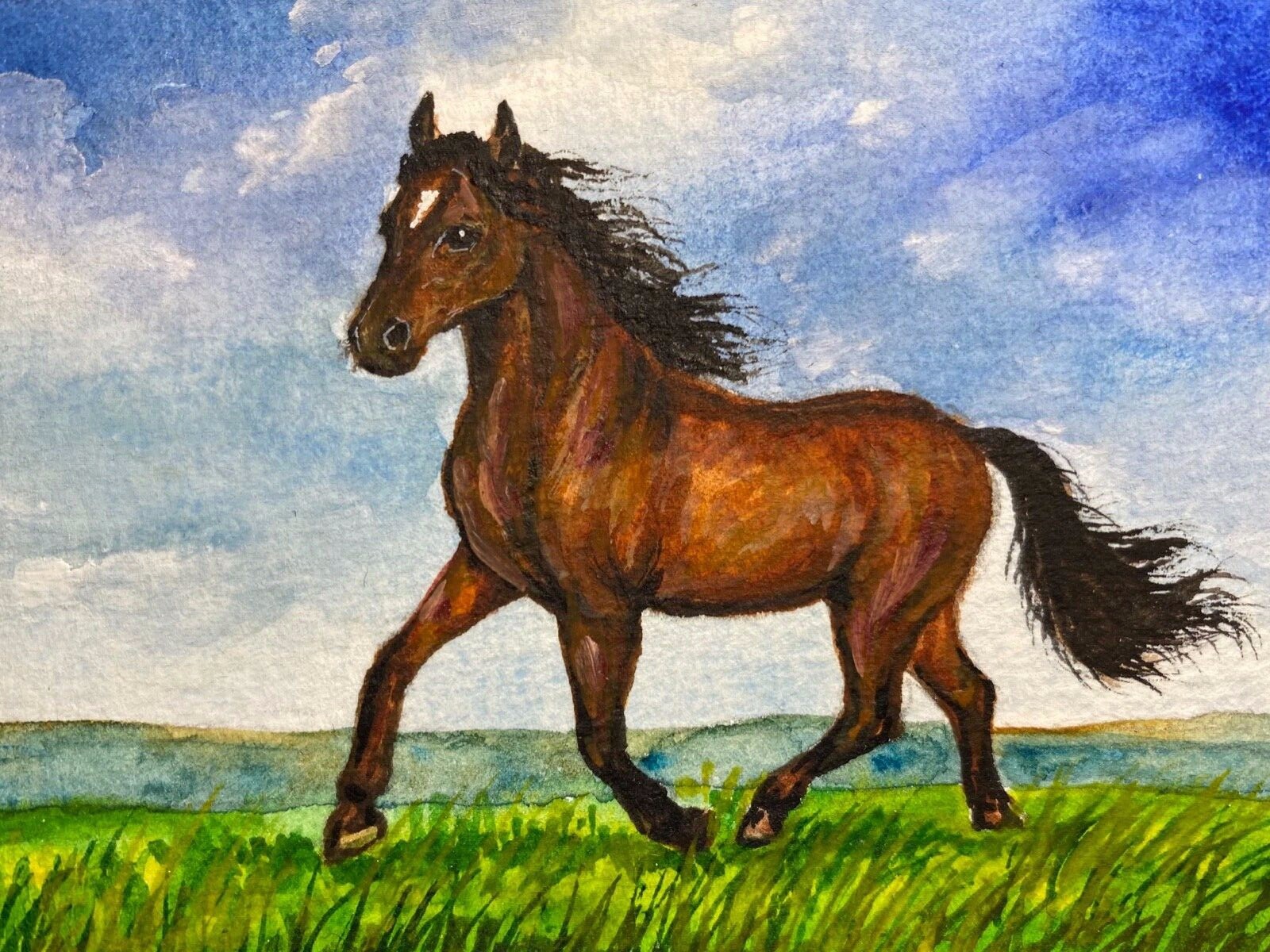 Watercolor Painting Running Horse Farm Animals Nature ACEO Art