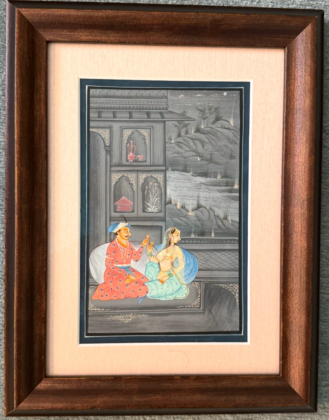 Indian Painting Of Mughal Emperor & Empress Love Scene On Paper 8.5×5 Inches